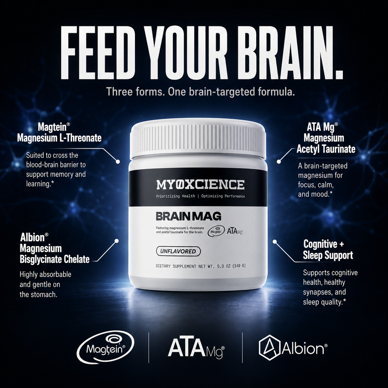 Brain Mag Magnesium L-threonate, Magnesium Acetyl Taurinate + Magnesium Glycinate Chelate powder