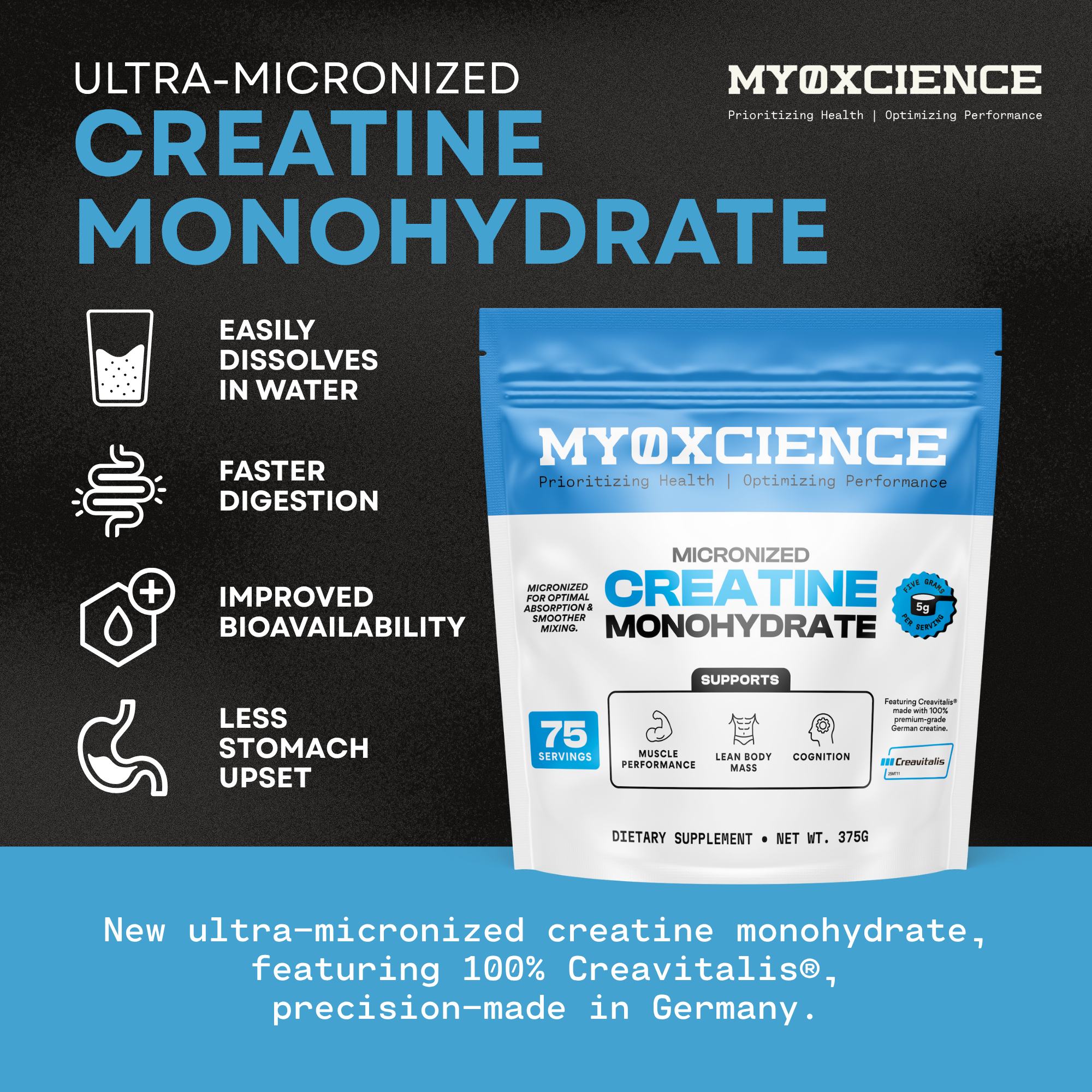 Micronized Creavitalis® Creatine Made in Germany | Easy to Digest |  75 Serving Bag