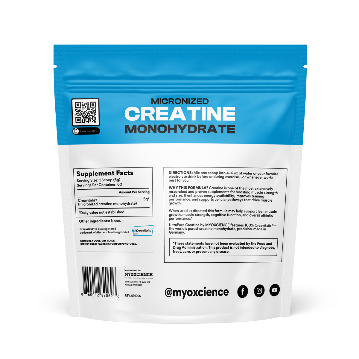 Micronized Creavitalis® Creatine Made in Germany | Easy to Digest |  60 Serving Bag