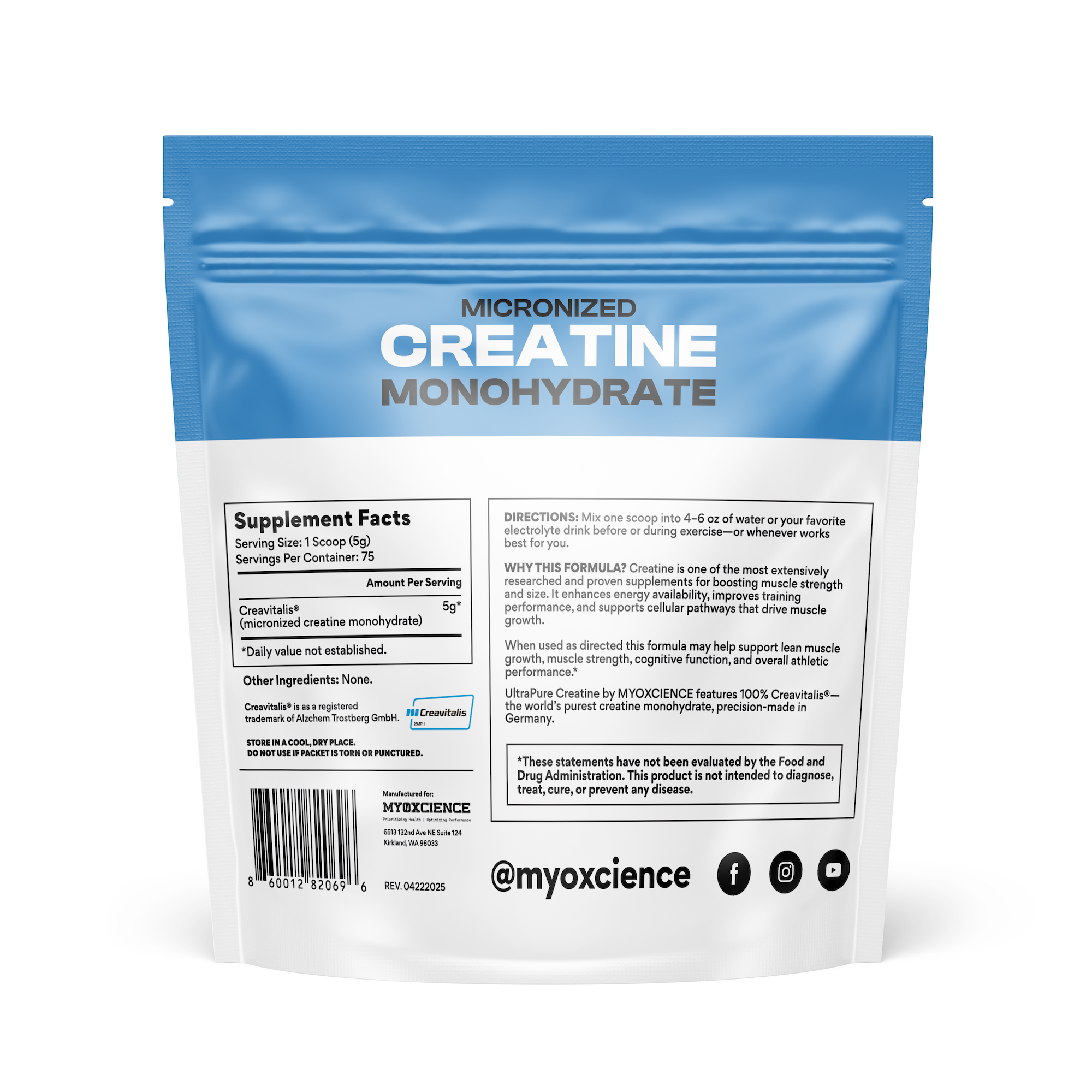 Micronized Creavitalis® Creatine Made in Germany | Easy to Digest |  75 Serving Bag