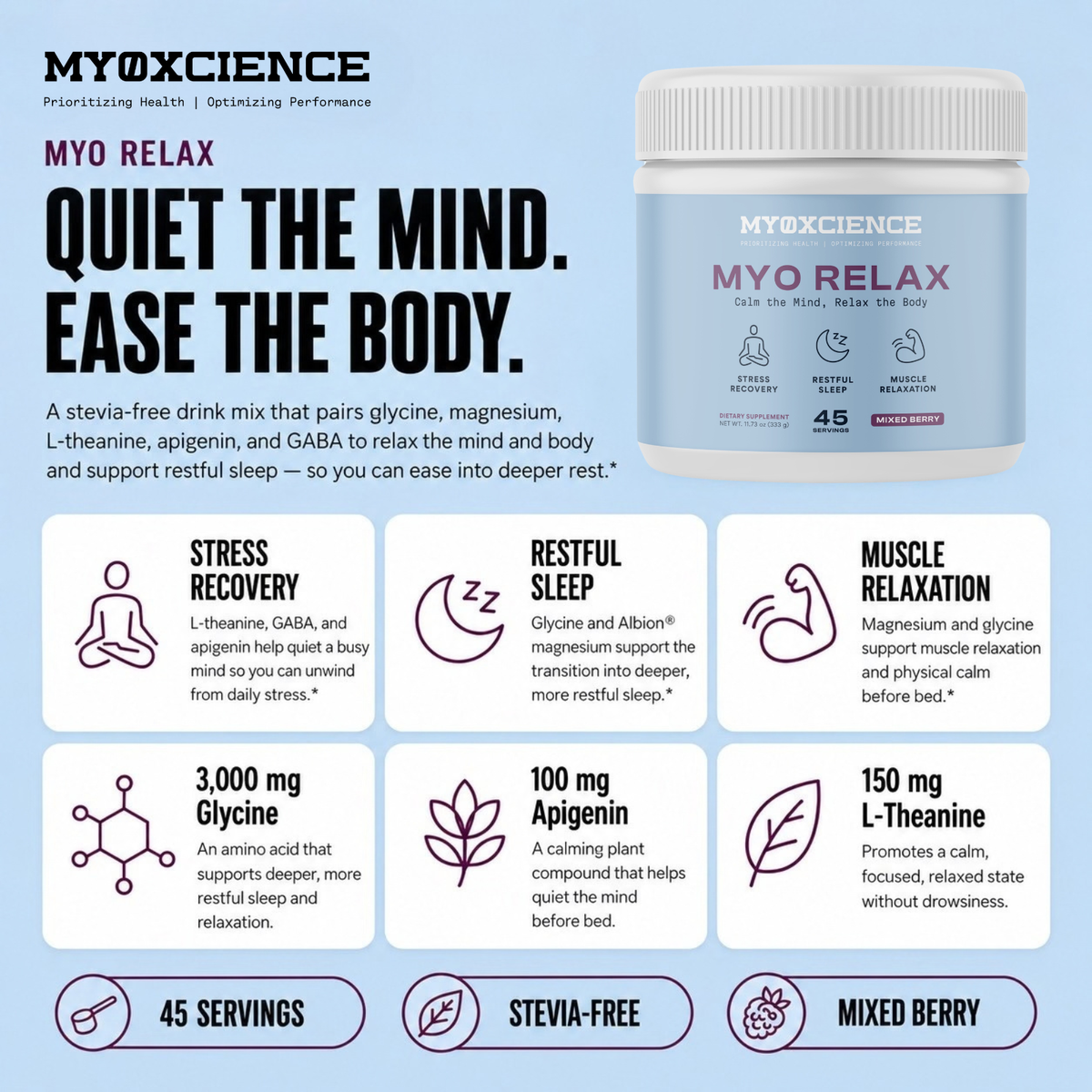 Myo Relax | Glycine, Magnesium, L-Theanine & Apigenin | Supports Sleep, Calm & Relaxation