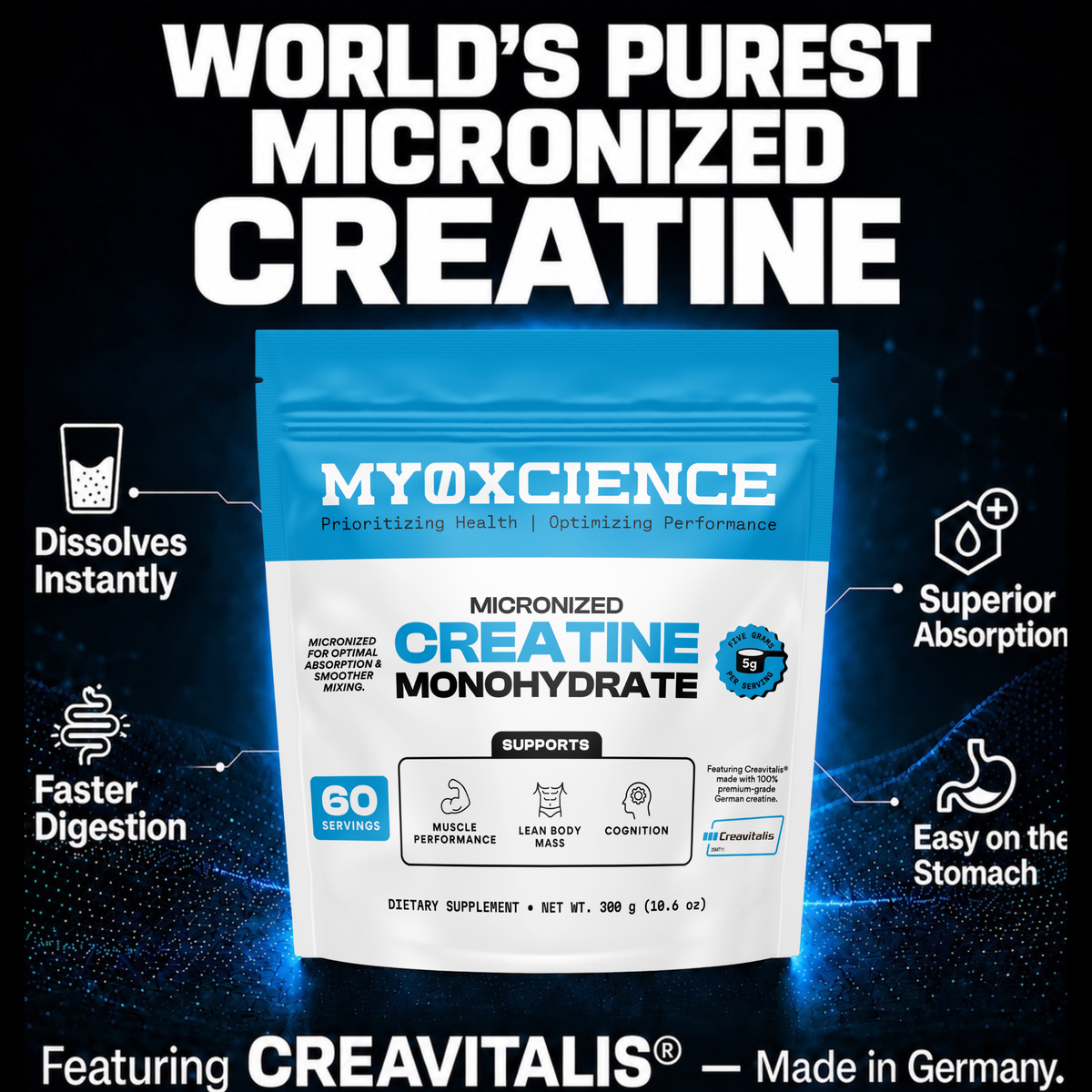 Micronized Creavitalis® Creatine Made in Germany | Easy to Digest |  60 Serving Bag