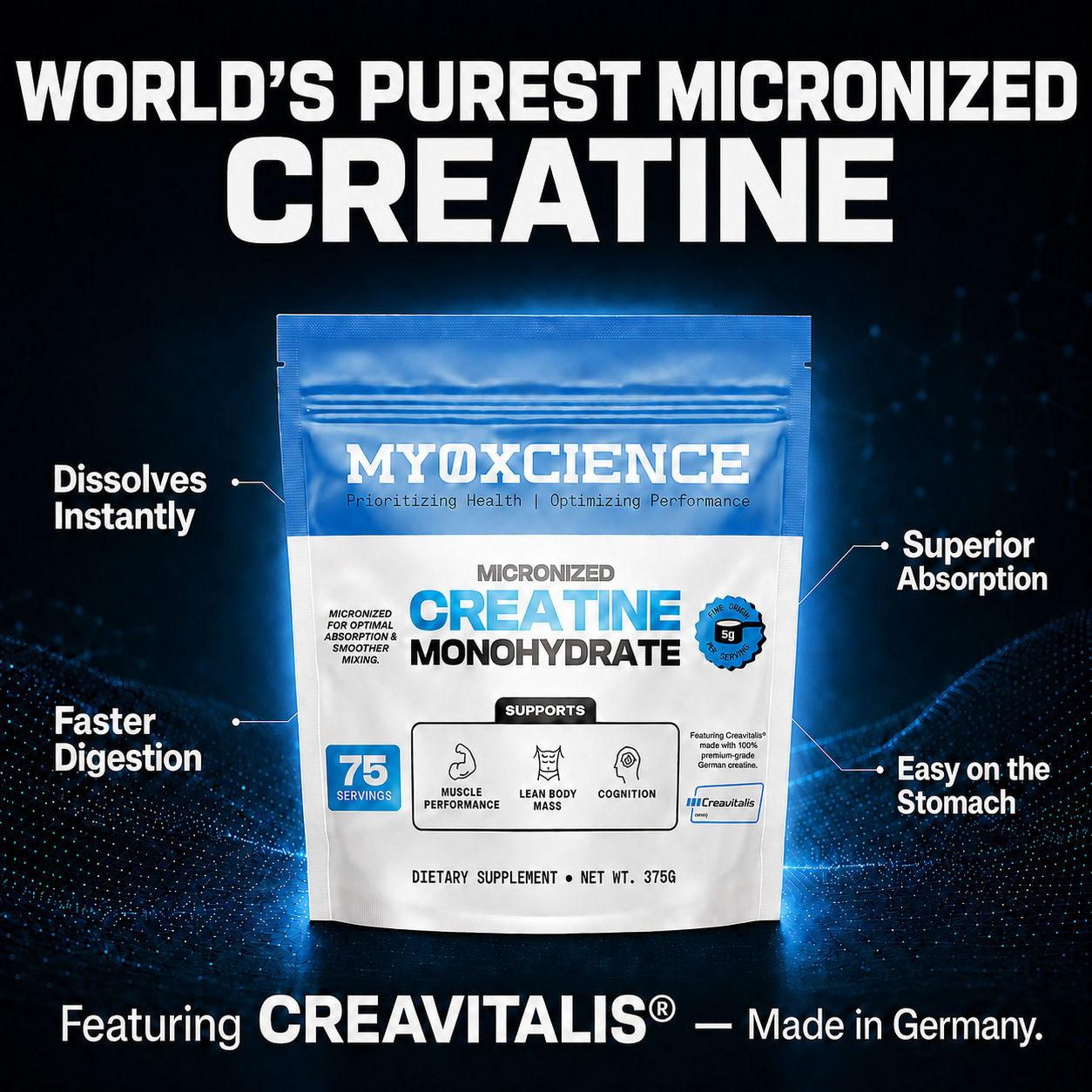 Micronized Creavitalis® Creatine Made in Germany | Easy to Digest |  75 Serving Bag