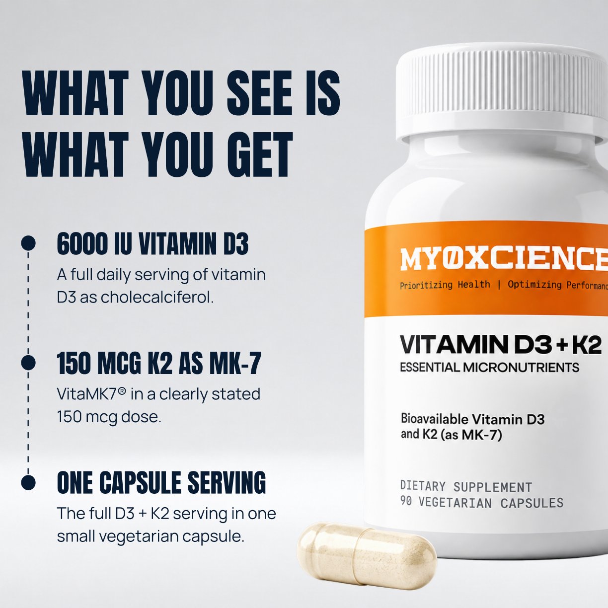 What you see is what you get: 6000 IU vitamin D3, 150 mcg K2 as MK-7, one capsule serving