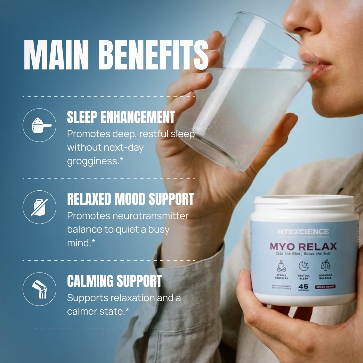 Main benefits: sleep enhancement, relaxed mood, calming support