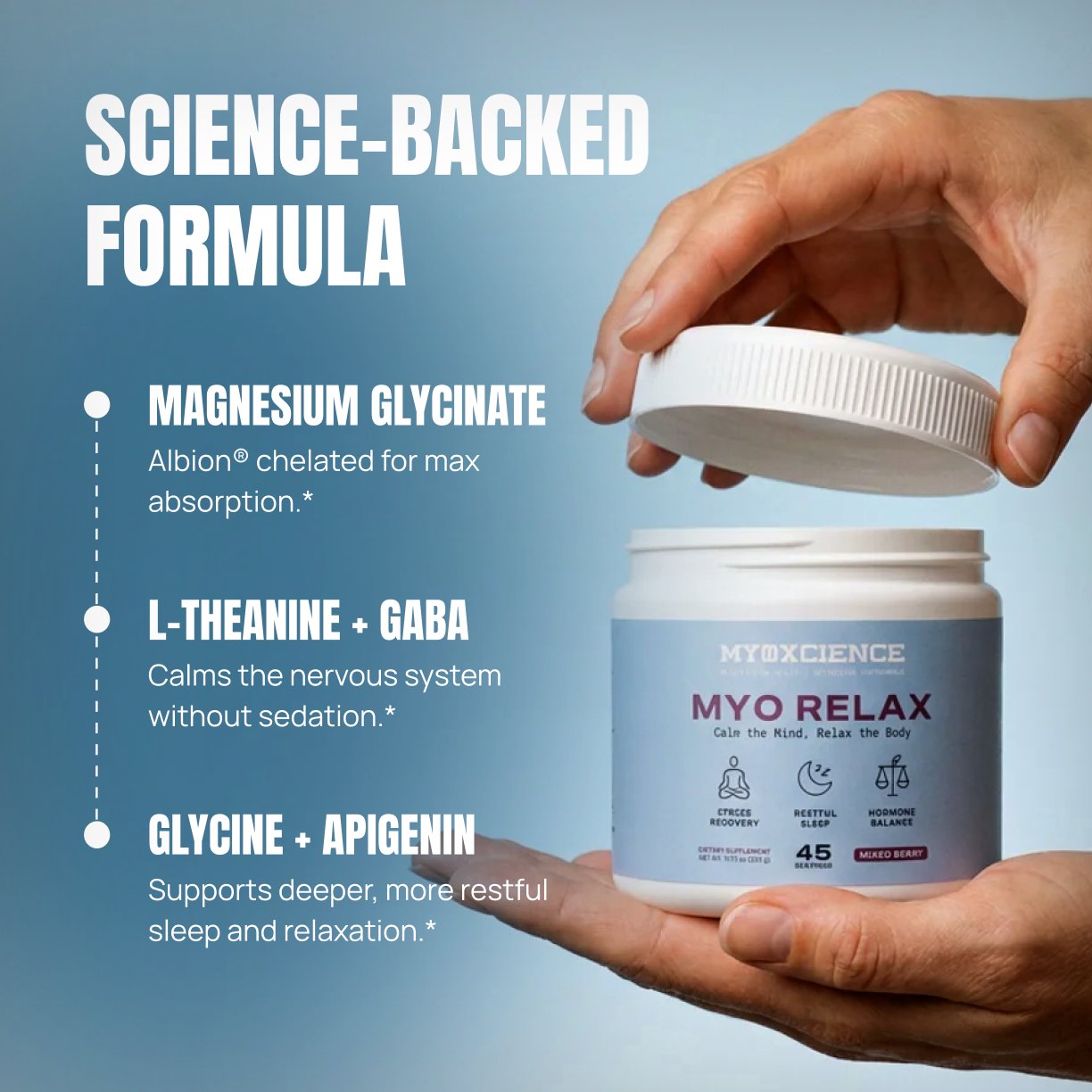 Science-backed formula: magnesium glycinate, L-theanine + GABA, glycine + apigenin