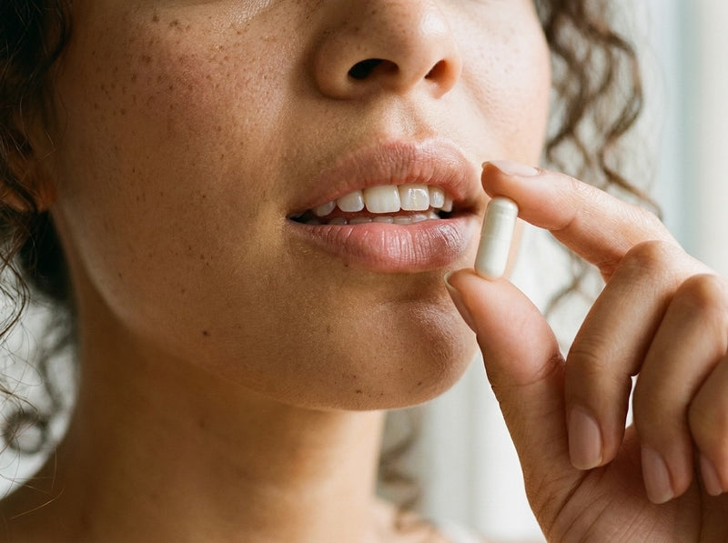 A woman about to take a white capsule